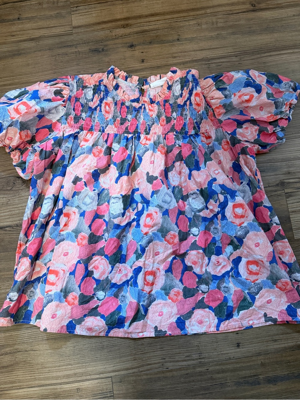 Smocked Floral Short Sleeve Blouse - Pink & Blue - Picture 5 of 8